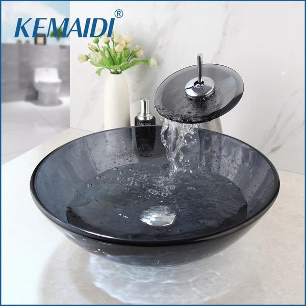 Robinets de lavabo de salle de bain Kemaidi Récipients en verre trempé Robinet bol cascade Berceau rond Basin Boux de robinet d'eau froide