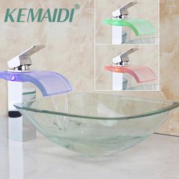 Robinets de lavabo de salle de bains KEMAIDI Lavabo moderne LED Robinet chromé Bassin carré Ensemble de lavabo en verre de vidange