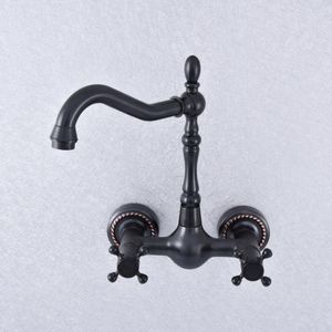 Grifos de lavabo de baño Grifo de cocina Bronce aceitado Montado en la pared Manija doble y mezclador de lavabo frío Tina giratoria