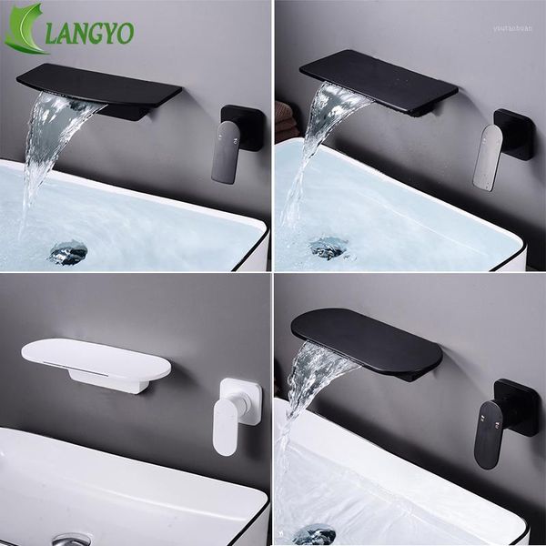 Grifos de lavabo de baño Langyo Grifo de lavabo de montaje en pared Mezclador Cascada Plataforma de estante grande Mate BlackWhite Calidad Tap1