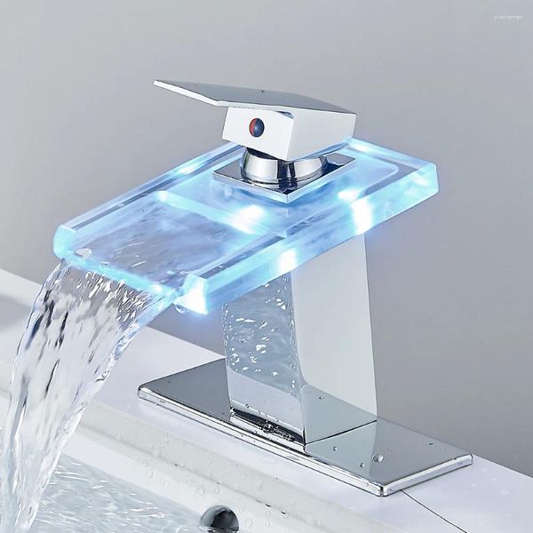 Robinets de lavabo de salle de bain robinets LED en laiton cascade de température de la cascade de température Changer le mélangeur Tap de terrasse monté en verre de lavage