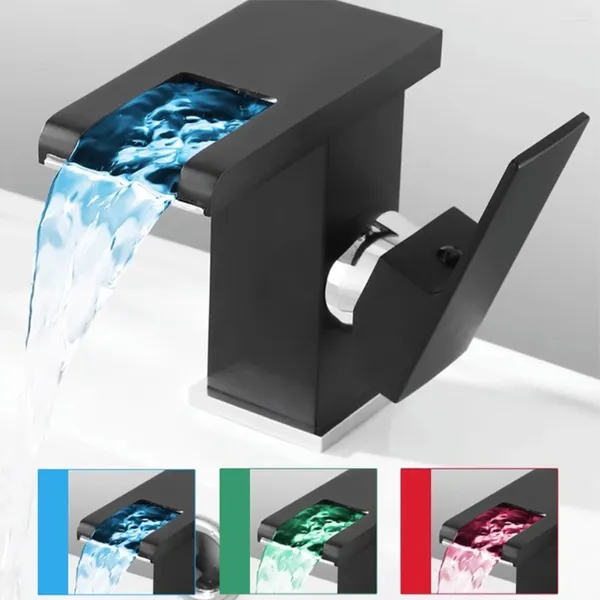 Robinets de lavabo de salle de bain robinets LED cascade simple manche à pont 1 trou de pont de pont à froid pavé élégant et moderne installation facile
