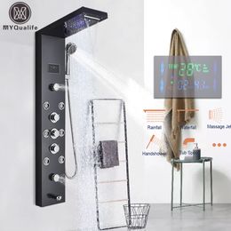 Badkamer wastafel kranen led licht douchepaneel waterval regen digitale display kraan set spa massage jet kolom mixer tap toren systeem 22111111111111