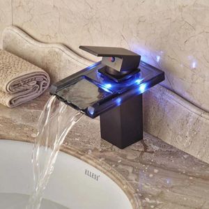 Robinets de lavabo de salle de bain LED Light Square Verre cascade Basin Basin Robinet Huile Frottée Bronze Mixer Vanité Torneira Banheiro Cozinha