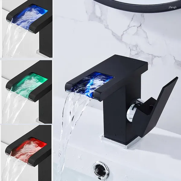 Grifos de lavabo de baño LED RGB Color Cascada Cuenca Grifo Lavado Mezclador Grifo Negro Cubierta Sola manija Inodoro