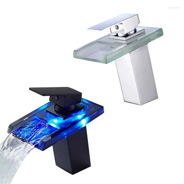 Robinets de lavabo de salle de bain LED Waterfall Faucet fantasyled sperme en verre bassin 3 couleurs changeant une seule poignée 1 trou