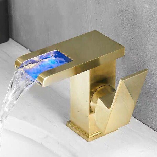 Robinets de lavabo de salle de bain Robinet cascade LED Mitigeur monotrou moderne et eau froide Changement de couleur RVB