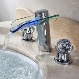 Robinets de lavabo de salle de bains, bec de cascade LED, 2 boutons en cristal, robinet mitigeur de lavabo, double poignée 3 trous