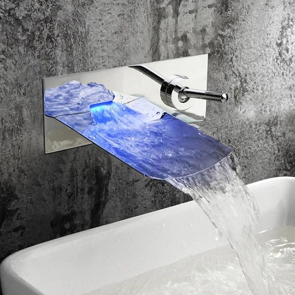 Robinets d'évier de salle de bains LED cascade vanité robinet de lavabo montage mural capteur de température chromé changement de couleur