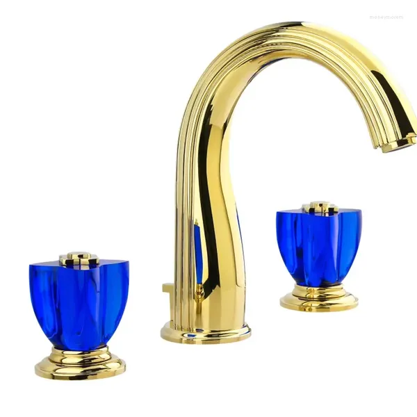 Grifos de lavabo de baño Lavabo de lujo Latón Oro Grifo Manija de cristal 3 orificios y grifo de agua fría