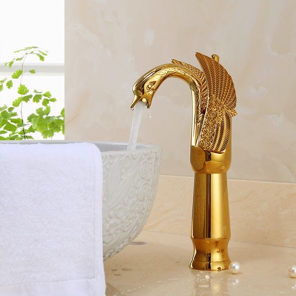 Grifos de lavabo de baño Lavabo de lujo Vintage Cobre completo y agua fría En forma de cisne Manija única Negro 230406