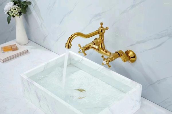 Robinets d'évier de salle de bains, robinet de luxe en laiton mural en cuivre à deux poignées trous mitigeur de lavabo eau froide Lavabo or