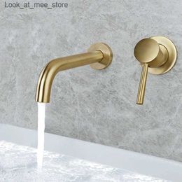 Badkamer wastafelkranen Luxe geborsteld goud kraan wandmontage badkamer wastafel kraan massief messing enkel handvat warm koud mixer gouden badkraan Q240301