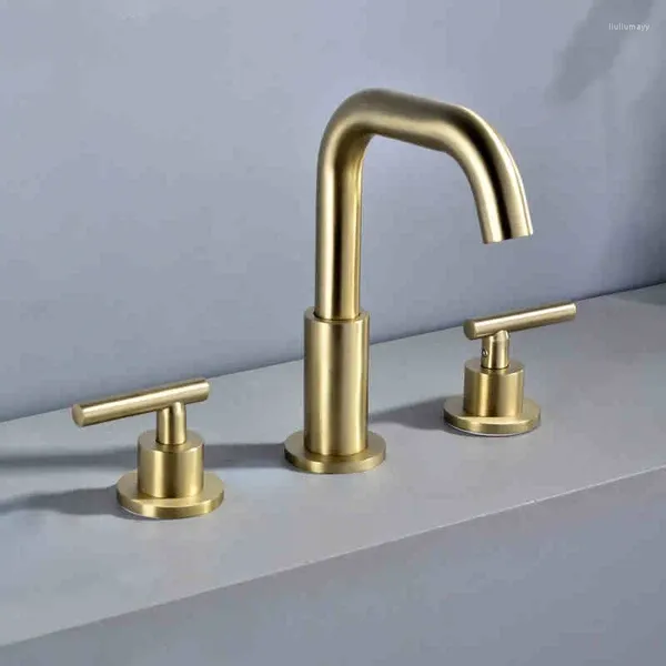 Robinets d'évier de salle de bains de luxe en or brossé, robinet à trois trous à deux poignées, robinet mitigeur de lavabo de qualité supérieure, eau froide
