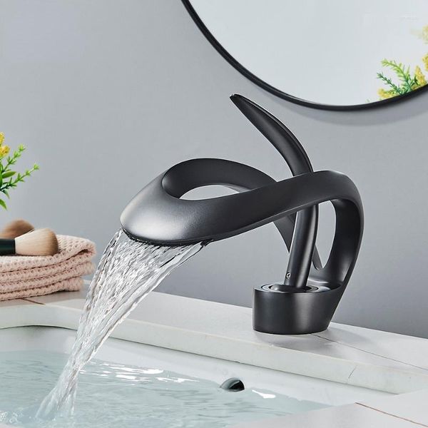 Robinets d'évier de salle de bains, robinet de lavabo de cascade créatif de luxe, robinet de pont à poignée unique, robinet de bain en laiton noir, vanité d'eau froide