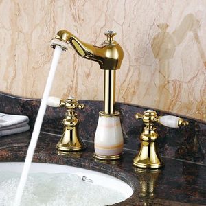 Robinets d'évier de salle de bains de luxe en or, 3 trous, 2 poignées, robinet en laiton, mélangeur de lavabo haut et bas, bain extractible de haute qualité
