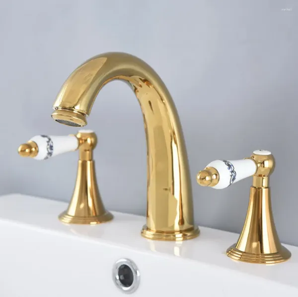 Grifos de lavabo de baño Grifo de bañera de oro de lujo Manijas dobles Grifo mezclador de lavabo de tres orificios Latón