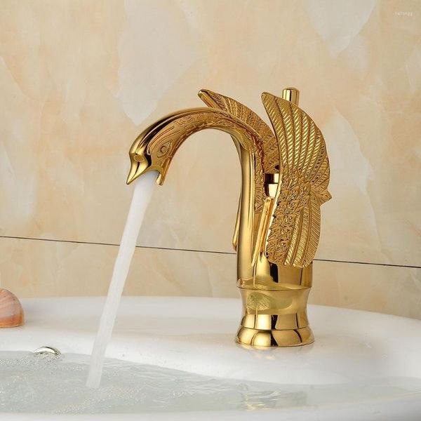 Grifos de lavabo de baño Grifo de lavabo de latón dorado de lujo Estilo cisne Grifo mezclador de tocador Grifo montado en cubierta y grifos fríos