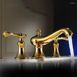 Badezimmer-Waschtischarmaturen, luxuriöser Gold-Messing-Wasserhahn, zwei Griffe, drei Löcher, hochwertige künstlerische Waschtischmischer und Kaltwasserhahn