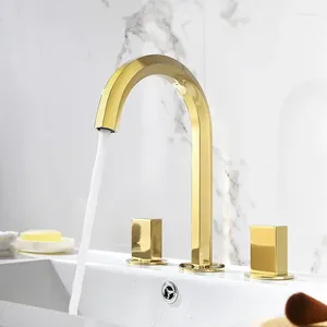 Robinets d'évier de salle de bains, robinet de luxe en laiton doré de qualité supérieure, robinet mitigeur de lavabo d'eau froide à deux poignées et trois trous