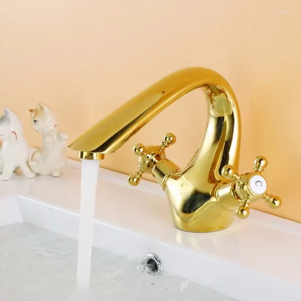 Robinets de lavabo de salle de bains Robinet de luxe en laiton doré à un trou à double poignée Lavabo de haute qualité Bain d'eau froide doré moderne