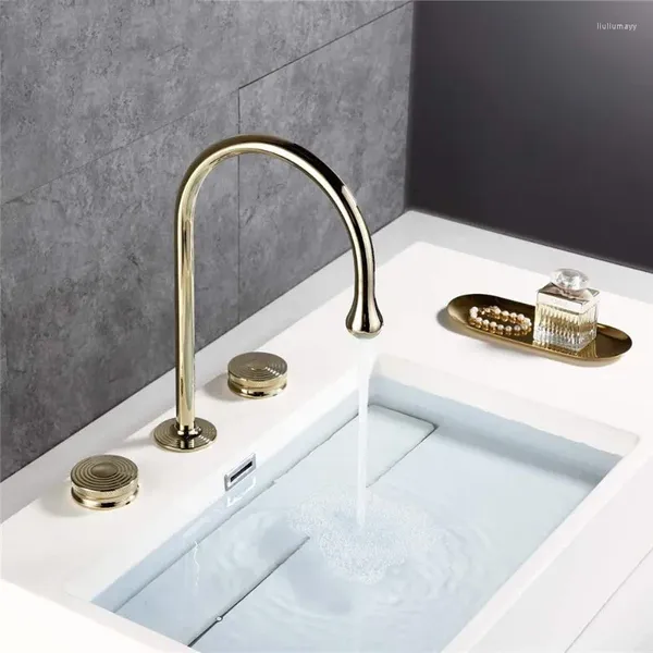 Robinets d'évier de salle de bains, robinet de luxe en laiton doré, deux poignées, trois trous, lavabo mélangeur froid doré, qualité supérieure