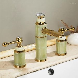 Robinets d'évier de salle de bain Luxury Gold Brass Natural Jade Robinet Golden Art Basin Taps Taps Trois trous Finish