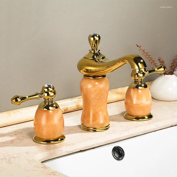 Grifos de lavabo de baño Luxury Gold Brass Natural Jade Faucet Golden Art Basin Mezclador Taps Tres agujeros Acabado de baño-SM518