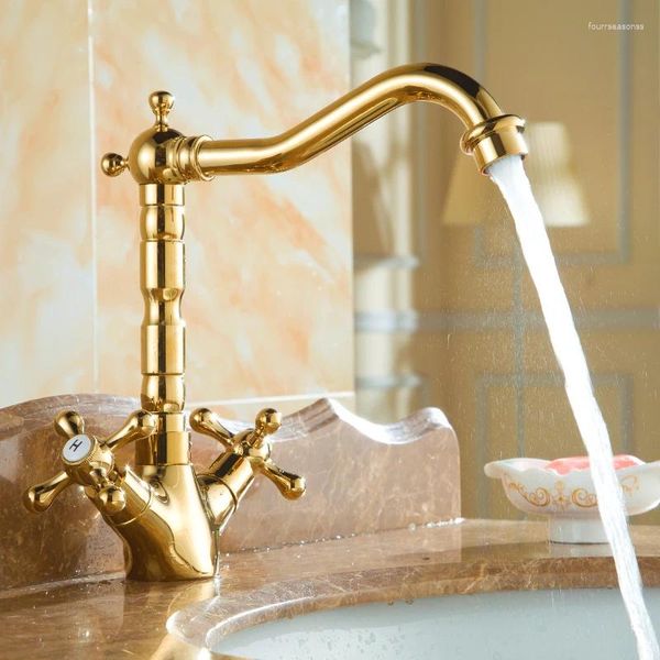 Grifos de lavabo de baño de lujo Color dorado Latón Montaje en cubierta Grifo giratorio Vanidad Recipiente Fregaderos Mezclador Grifo Doble manija Fría y agua