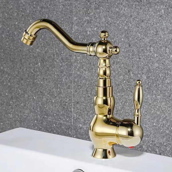 Grifos de lavabo de baño Grifo de lavabo de latón de color dorado de lujo con una sola manija y grifo mezclador en frío 360 Rotación Montaje en cubierta Grifo de cocina