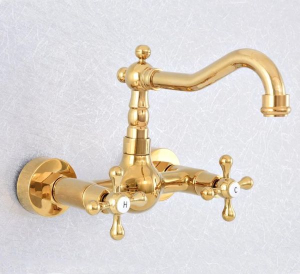 Robinets de lavabo de salle de bain Luxury Gold Color Brass Bassin robinet mural doubles poignées pivotantes Boux de mixage à eau froide