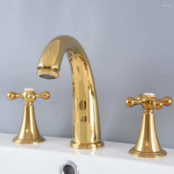 Grifos de lavabo de baño Grifo de latón de color dorado de lujo Grifo generalizado de 3 orificios 2 manijas cruzadas Grifo mezclador para lavabo