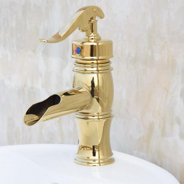 Grifos de lavabo de baño de lujo Color dorado latón estilo cascada grifo mezclador grifo montado en cubierta manija única un orificio MGF051