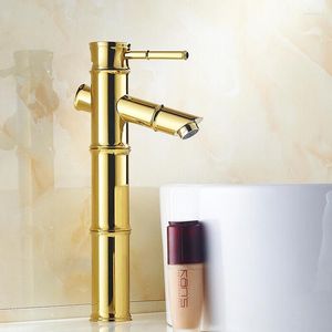 Grifos de lavabo de baño Montaje de cubierta de oro de lujo Forma de bambú Grifo Vanidad Recipiente Fregaderos Mezclador Grifo Frío y agua
