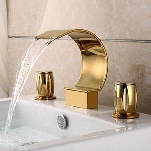 Robinets d'évier de salle de bains, robinet doré de luxe, trois trous, deux poignées, cascade en cuivre, bassin de haute qualité, robinet d'eau froide dorée