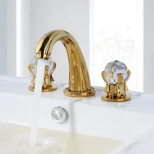 Robinets de lavabo de salle de bains Robinet de finition en or de luxe avec boutons en cristal 3 trous Robinet mitigeur de lavabo de cascade de bain-
