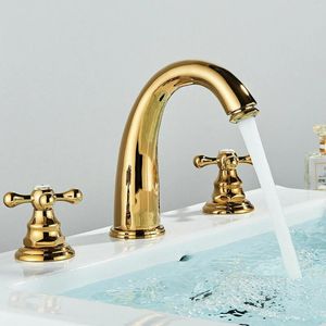 Robinets de lavabo de salle de bains, robinet de luxe en laiton poli doré, robinet de lavabo répandu à 2 poignées et 3 trous, robinet mitigeur de vanité