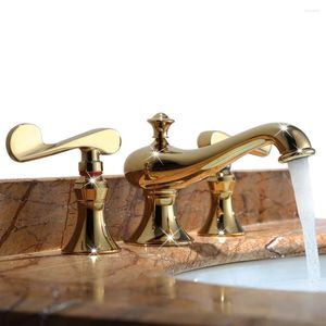 Badkamer wastafelkranen luxe goud massief messing koper dubbele handgreep wastafelkraan Europese drie gaten toilet waterval kraan