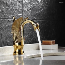 Robinets d'évier de salle de bains, robinet de luxe en forme de cygne doré, lavabo de personnalité en cuivre Antique et matériel d'eau froide