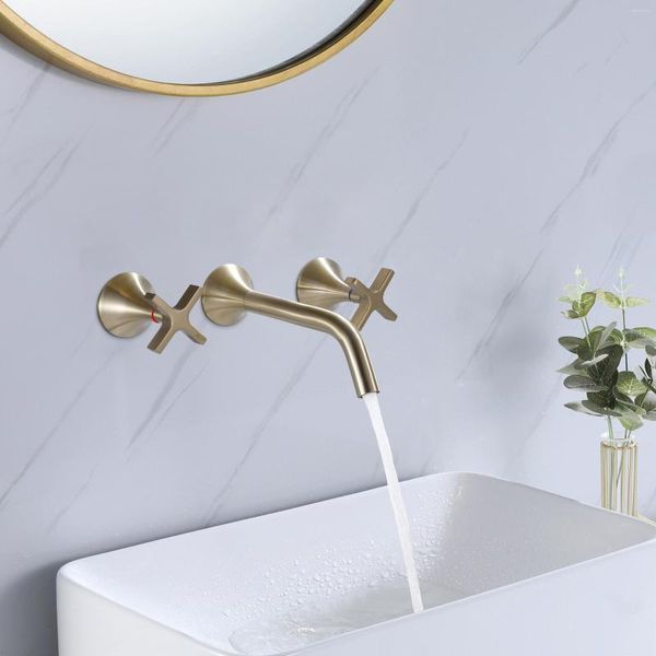 Grifos de lavabo de baño, grifo de latón de alta calidad de lujo, grifo mezclador de lavabo de agua fría montado en la pared de oro cepillado, diseño moderno de cobre