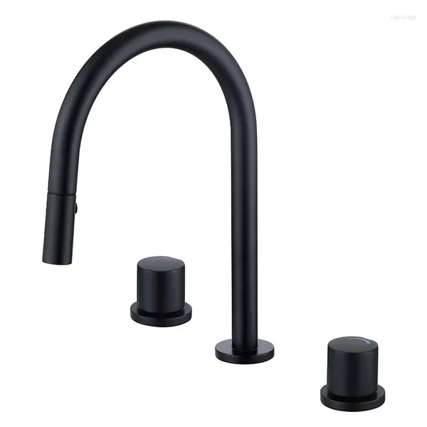 Grifos de lavabo de baño Grifo de lavabo negro mate de lujo Diseño de doble manija Mezclador extraíble Montado en cubierta