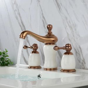 Robinets de lavabo de salle de bain Luxury Rose Gold Brass Natural Jade Robinet Art Basin Basin Taps Taps trois trous Robinet des toilettes de haute qualité - SM5382