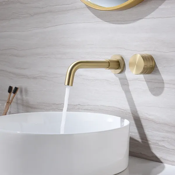 Robinets d'évier de salle de bains de luxe de qualité supérieure, robinet en laiton doré brossé, robinet mitigeur de lavabo d'eau froide mural 1 poignée haute