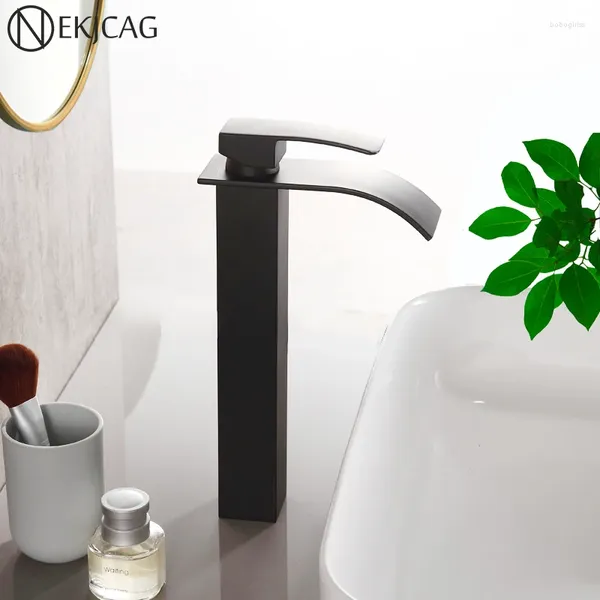 Robinets d'évier de salle de bains, robinet de lavabo cascade noir mat, Installation de pont en laiton et robinets mélangeurs d'eau froide