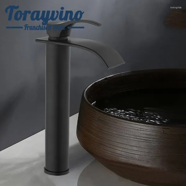 Grifos de fregadero de baño Mezclador de agua mate Tapla de latón Cascada montada Costa Mango de una sola manija de cerámica Tapas de cerámica Negro