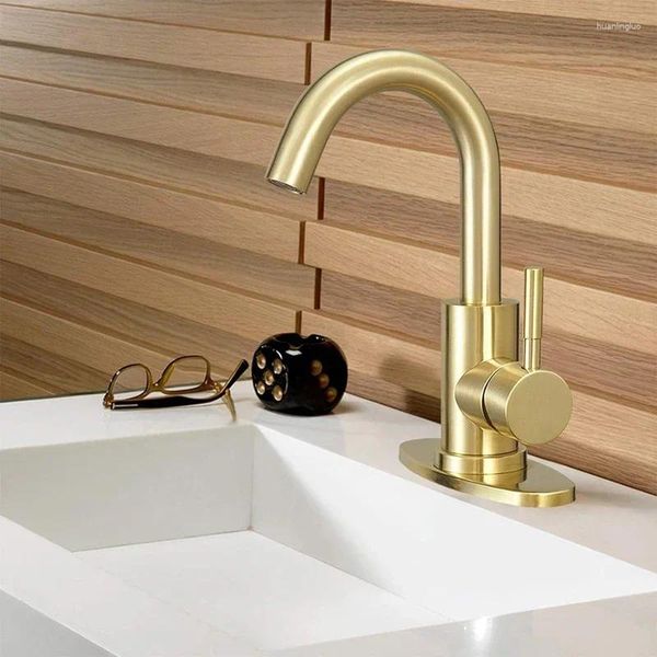 Robinets de lavabo de salle de bains, robinet de lavabo moderne, robinets dorés à poignée unique et mélangeur froid en acier inoxydable