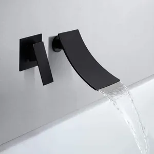 Badkamer wastafelkranen modern design enkele handgreep wandgemonteerde watervalkraan massief messing koudwater wastafelkraan in zwarte afwerking