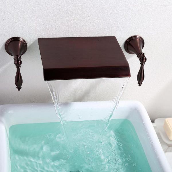Grifos de lavabo de baño moderno bronce aceitado ORB cascada montaje en pared baño grifo mezclador grifo manijas de doble palanca