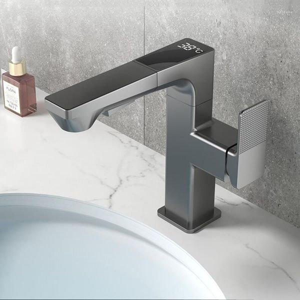 Robinets de lavabo de salle de bain Muku Lavabo tout en cuivre Robinet à affichage numérique intelligent de type tirette Pistolet de toilette froid et rotatif Gris