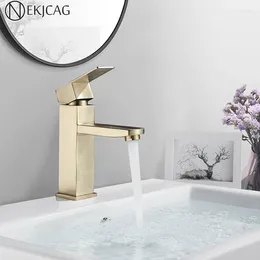 Grifos de lavabo de baño Nekjcag Grifo de lavabo de oro cepillado Recipiente de palanca única Grifo mezclador en frío Montado en cubierta
